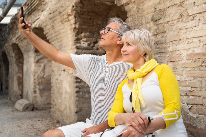 mature couple walking Chester city walls England