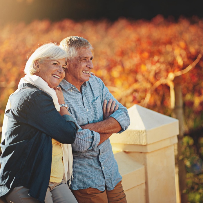 Senior couple smiling together in a vineyard during autumn