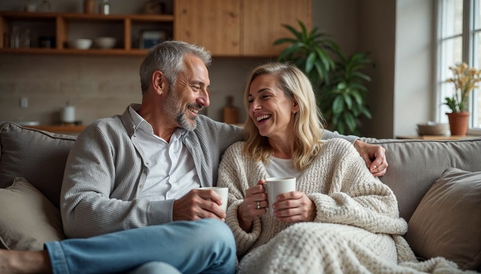 Senior couple over 50 sharing a relaxed moment together at home, showing companionship and connection in later-life dating.