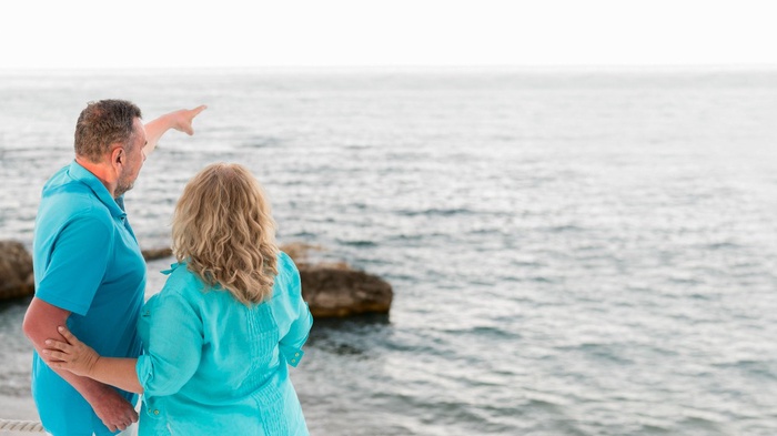 Older couple overlooking the coast in North Shields, England