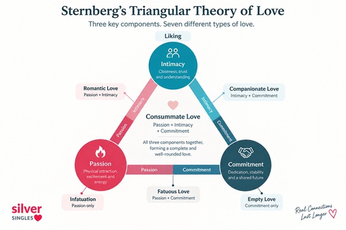 Sternberg’s Triangular Theory of Love showing intimacy, passion, commitment and seven types of love