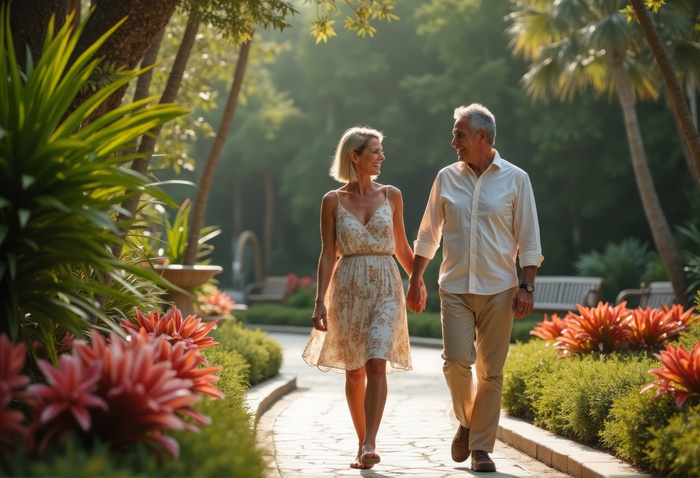 Mature couple enjoying a relaxed walk together through a landscaped garden.