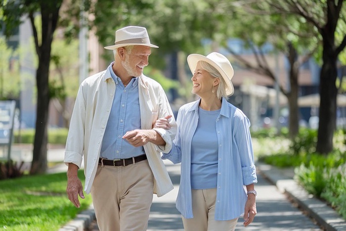 Older couple walking together on a quiet wooded path