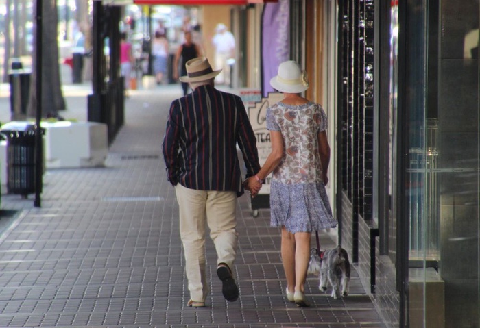 Older couple discussing a cultural outing in central Blackpool
