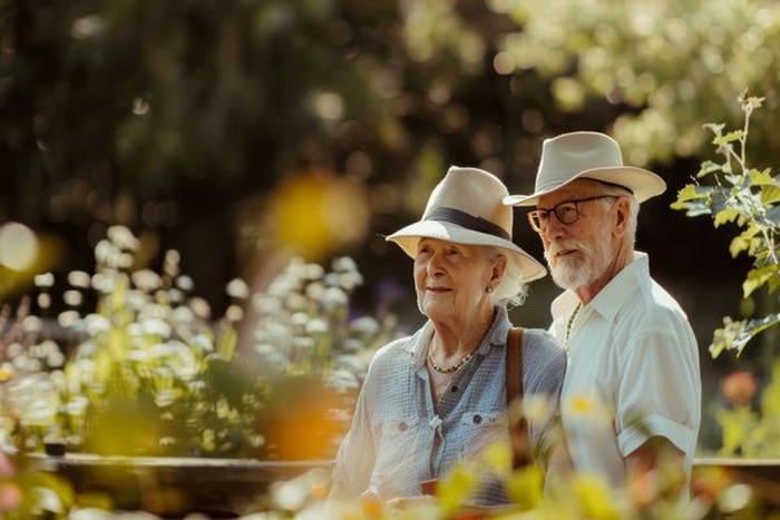 Senior couple enjoying a sunny day together in a garden