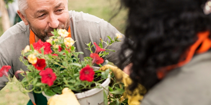Mature couple enjoying gardening hobbies over 50