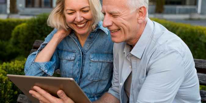 Mature couple using tablet, dating over 50